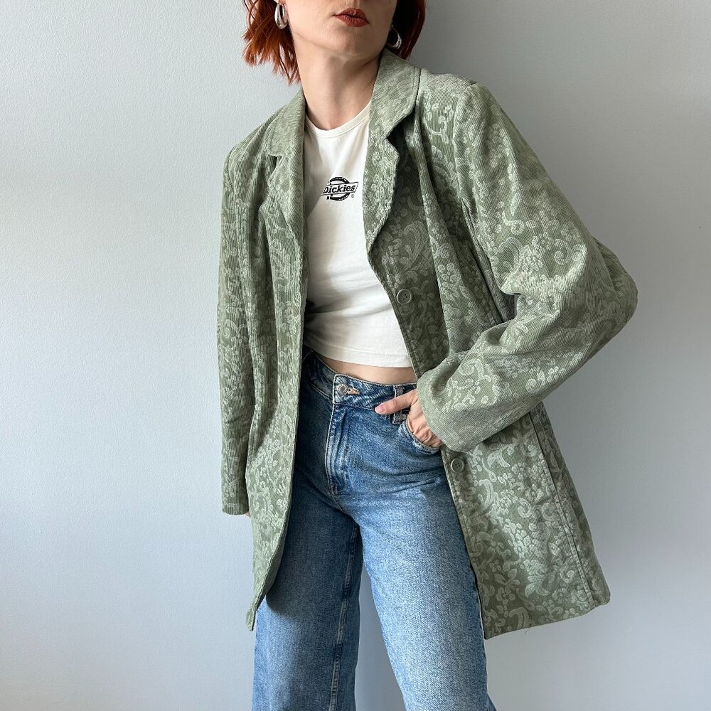 Denim&Co Olive Green Vintage Damask Pattern Corduroy Jacket